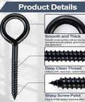 Close-up of black Heavy Duty 6 Inch Eye Hooks And Screws Set, Holds Up To 800 Lbs, rustproof self-tapping eye bolts showing features.