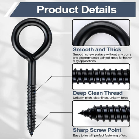 Close-up of black Heavy Duty 6 Inch Eye Hooks And Screws Set, Holds Up To 800 Lbs, rustproof self-tapping eye bolts showing features.