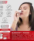 BleedStop first aid powder box with 4x15g pouches; front view of a woman applying tissue to a nosebleed.