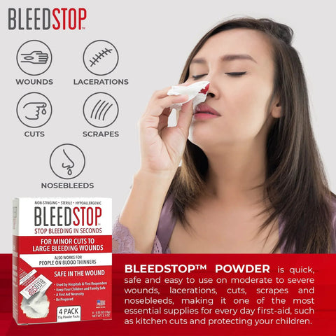BleedStop first aid powder box with 4x15g pouches; front view of a woman applying tissue to a nosebleed.