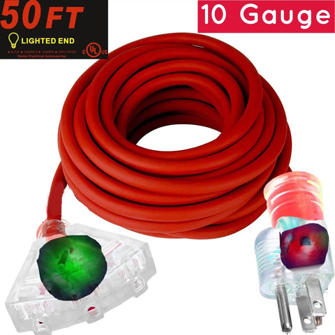 Heavy Duty 50 Foot 10/3 Extension Cord With Triple Tap And Lighted Ends 15 Amp 1875 Watt Power Cable 100 Percent Copper SJTW