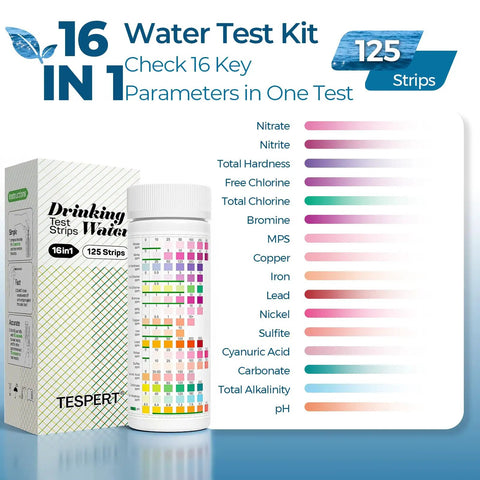 Drinking Water Test Strips Kit 125 Count 16 In 1 Quick Screening For Hardness pH Iron Nitrite Copper Chlorine Lead Carbonate Alkalinity