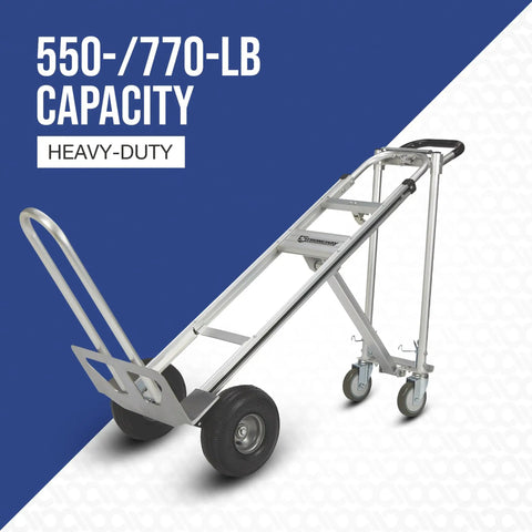 3-In-1 Aluminum Hand Truck And Platform Cart With Stair Climber Converts Between Upright Hand Truck Flat Platform And Stair Climbing Modes 550 Lb Upright Capacity And 770 Lb Platform Load Heavy Duty Utility Cart, shown with dual wheels