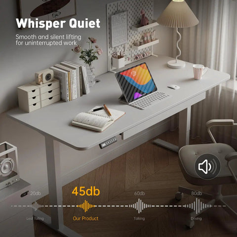 Dual Motor Standing Desk Frame With Cable Management Tray And Headphone Hook in home office setting, Whisper Quiet operation