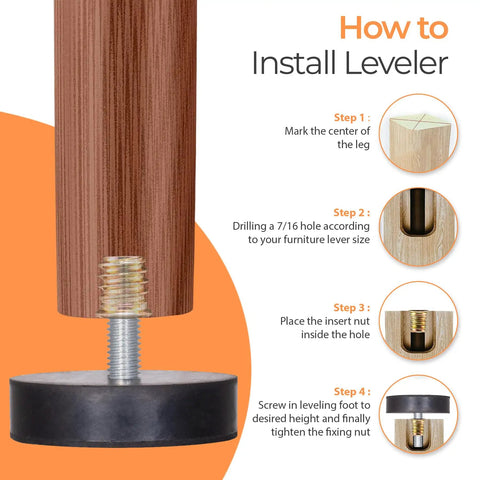 Installation steps for Beefy M8 Rubber Adjustable Leveling Feet Heavy Duty 2 Inch Base Diameter Furniture Levelers