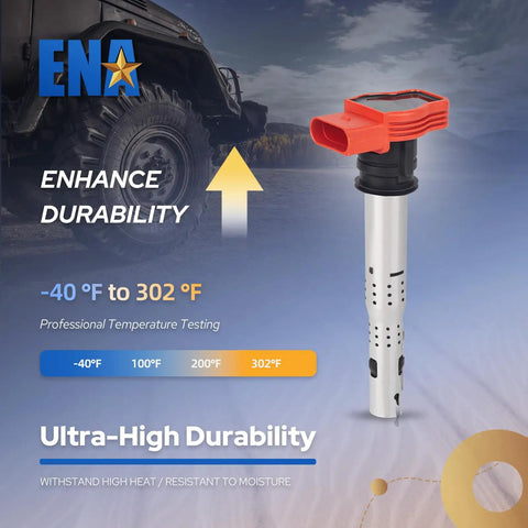 Six UF529 Ignition Coil Packs for VW and Audi cars, showcased under temperature durability test, suitable for various models.