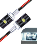 2 Pack White LED License Plate Lights for Motorcycle and Car, waterproof bulbs shown with illuminated license plate