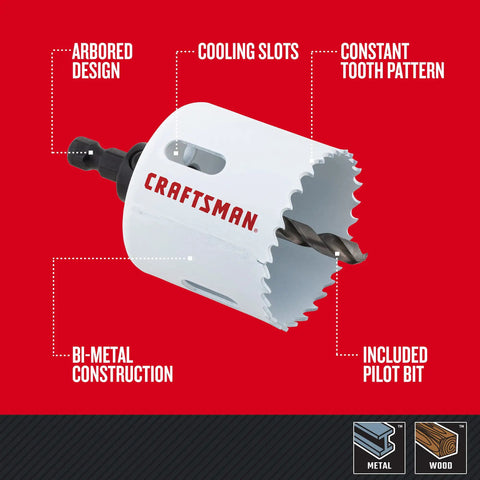 Heavy Duty Bi Metal Hole Saw Kit 7 Piece With Case For Wood And Metal Cutting shown with features labeled