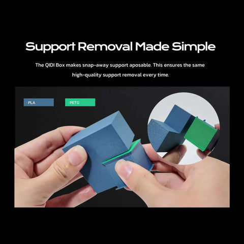 Hands demonstrating support removal from a 3D printed cube using PLA and PETG with a Crazy Color 3D Printing System for Plus4 Printer