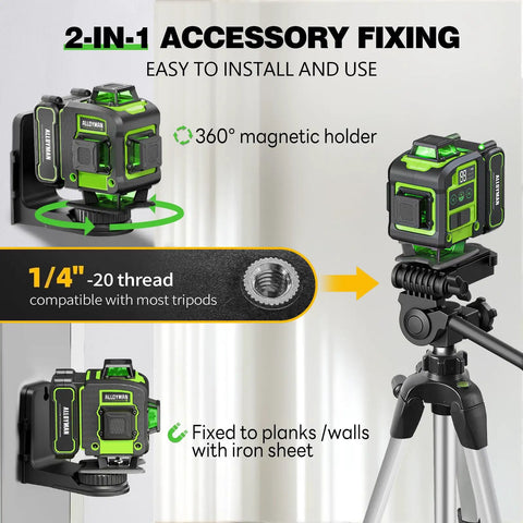 Self Leveling Laser Level With Tripod For DIY Pros And Handymen, 360 Degree Green Cross Lines, 4D Laser Leveler With Included 2 Lithium Batteries, High Precision For Picture Hanging, Tile Work, Home Renovation, Indoor Use, mounted on tripod
