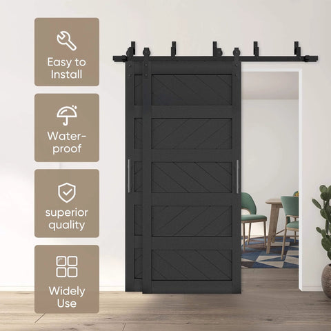 Front view of Bypass Sliding Barn Door Wave Pattern 72x84 with 5ft Hardware Kit in black, installed in living room entrance.