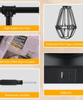 Details of industrial table lamp: iron pipe, bird cage lampshade, bulb, USB A+C ports, screwdriver. Includes bulb and USB ports.