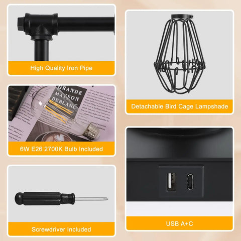 Details of industrial table lamp: iron pipe, bird cage lampshade, bulb, USB A+C ports, screwdriver. Includes bulb and USB ports.