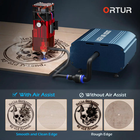 Air Assist Pump For Laser Engravers And Cutters With Adjustable 0 To 30 Lpm Airflow shown enhancing wood engraving detail.