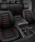 Interior view of vehicle with 3D Foam PU Leather Car Seat Covers Universal Full Set for Trucks SUVs and Sedans Waterproof Breathable and Easy to Clean Airbag Compatible with Diamond Stitching Black Red.