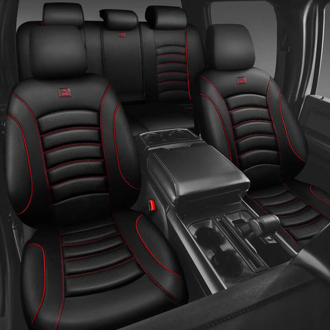 Interior view of vehicle with 3D Foam PU Leather Car Seat Covers Universal Full Set for Trucks SUVs and Sedans Waterproof Breathable and Easy to Clean Airbag Compatible with Diamond Stitching Black Red.