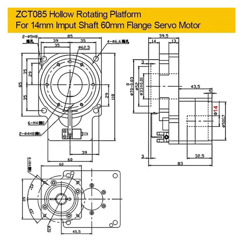 Technical drawing of Rock Solid Cnc Hollow Rotating Table featuring heavy duty rotary actuator dimensions and specifications.