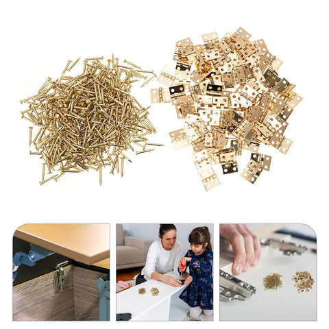 Miniature Copper Jewelry Box Hinges Set 50 Pcs Small Folding Cabinet Hinges For Wooden Boxes And Dollhouses Ideal For Jewelry Box Repair Chests And DIY Furniture Projects Antiqued Brass Finish Rust Resistant Hardware By Toddmomy showing piles of hinges and screws with usage examples.