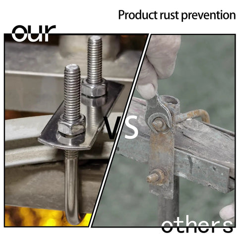Comparison of rust-free stainless steel square bend U bolts on the left and rusted alternative on the right highlighting durability.