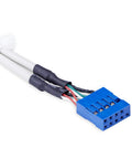 Close-up of blue dual IDC 10-pin connector for Four Port USB A Female Slot Plate Adapter with an eleven and a quarter inch cable.