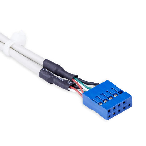 Close-up of blue dual IDC 10-pin connector for Four Port USB A Female Slot Plate Adapter with an eleven and a quarter inch cable.