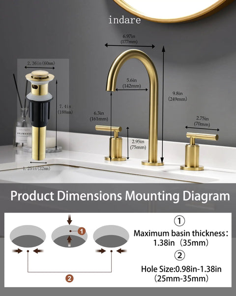 Brushed Gold Bathroom Faucet With Two Handles, 360 Degree Swivel Spout, Widespread 4 Inch And 8 Inch Brass Sink Faucet, 3 Hole Setup