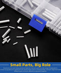110 Piece Stainless Steel Dowel Pins Kit 2 To 5mm Assorted Diameters And 8 To 30mm Lengths for Cabinets, Furniture, Woodworking, Shelves, and Bed Frames with shelf pins and fasteners displayed next to storage box.