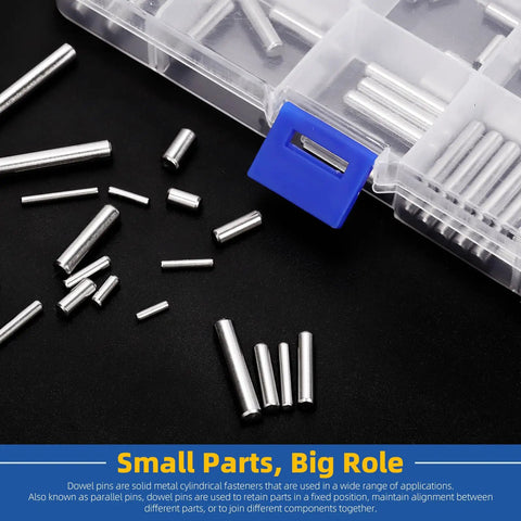 110 Piece Stainless Steel Dowel Pins Kit 2 To 5mm Assorted Diameters And 8 To 30mm Lengths for Cabinets, Furniture, Woodworking, Shelves, and Bed Frames with shelf pins and fasteners displayed next to storage box.