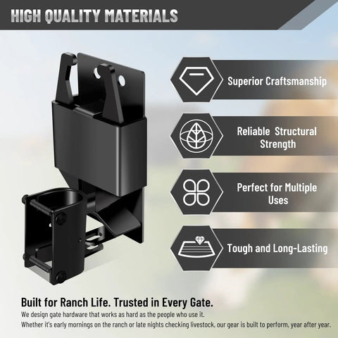 Hella Tough Double Action Barn Gate Latch Kit With Built In Padlock Eye For Round Pipe Metal Fencing Plus Complete Mounting Hardware In Corrosion Resistant Black Zinc Coating close-up image showing durable construction.