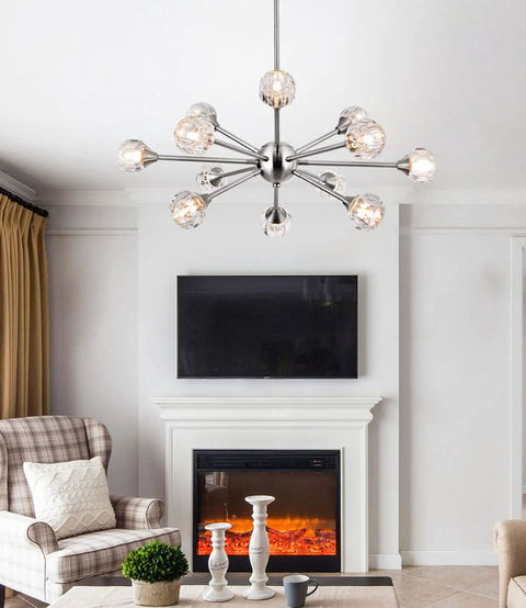Lit 12 Light Black Sputnik Chandelier With Modern Glass Globes Pendant Ceiling Light in living room setting