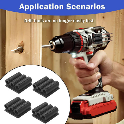 Four Pack Drill Bit Holder Tool Holster for Impact Drivers and Drills with adhesive and easy access on drill.