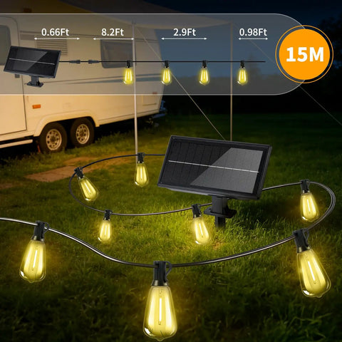 Outdoor Solar String Lights 50 Feet ST38 Shatterproof Bulbs Copper Wire Waterproof Patio Garden Lighting USB Charging Remote Control