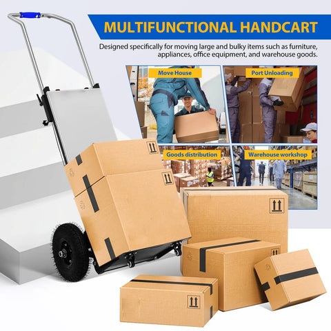 Heavy Duty Electric Stair Climbing Dolly Handles 900 Lbs With 1200W Motor And Three Speed Settings For Easy Moving Of Appliances Furniture Or Commercial Gear Without Breaking A Sweat, shown with boxes.