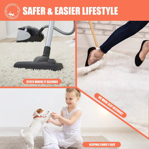 Heavy Duty Double Sided Carpet Tape For Rugs And Carpets, Extra Strong Rug Gripper That Sticks Firm And Secure, Removable Cloth Tape For Hardwood And Vinyl Floors, 2 Inches By 12 Yards, Keeps Rugs In Place in use, illustrating safety in the home