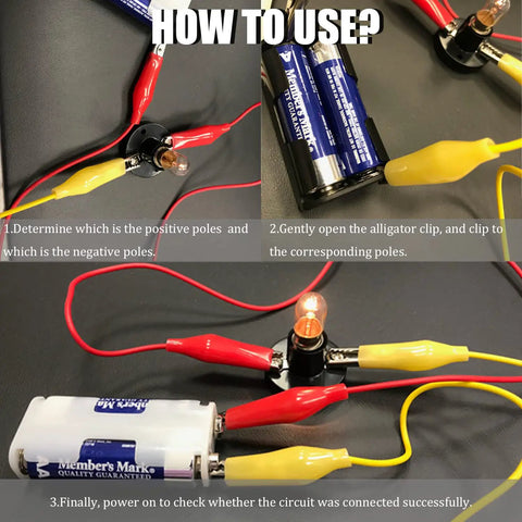 Using 10 Piece Premium Electrical Crocodile Alligator Clip Test Lead Kit With Dual Ended Probes for battery circuit connection.