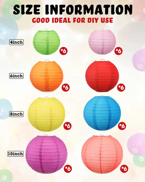 Multicolor 48 Pack Paper Lanterns For Parties Round Chinese Style Hanging Lamps In 4, 6, 8, And 10 Inch Sizes