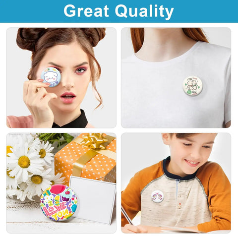 Total Game Changer 200 Piece 1.25 Inch Button Maker Supplies with colorful round badges held by a model and worn by children.