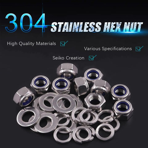 150 Pcs Metric 304 Stainless Steel M6 Hex Lock Nuts, Flat Washers, And Split Lock Washers Kit displayed on a black background