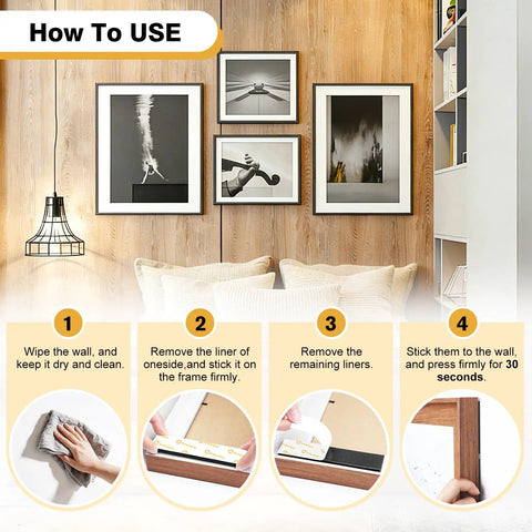 Instructions for Heavy Duty Hook And Loop Strips With Adhesive 1 By 5 Inch Pre Cut And Ready To Use Black Go To Choice Industrial Strength Sticky Back Fasteners For Walls And Home 20 Pairs, showing wiping wall, removing liner, and attaching frame.