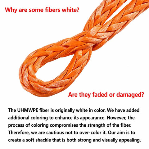 2 Pack Synthetic Soft Shackle 7 16 Inch 20 Inch Rope Shackle With Extra Sleeves 48000 Lbs Breaking Strength For Off Road Recovery SUV ATV Jeep Boat Sailing And Marine Use showing close-up of orange fibers and white sections.