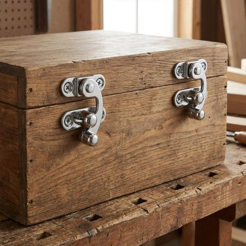 Dope Antique Style Hasp Latch 2 Piece Set With All Needed Screws For Jewelry Boxes And Toolboxes on a wooden box