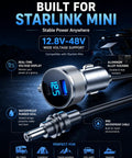 Solid Starlink Mini Car Adapter With A Tough Ten Foot Power Cable And Fast Charge Usb Ports Built For 12V To 24V Rigs And Trailers, featuring digital volt display and waterproof design.