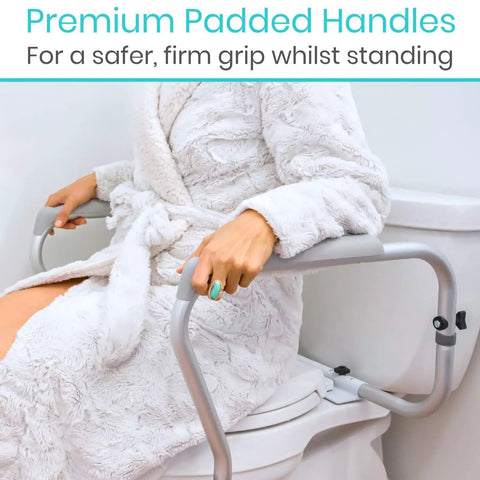 Toilet Safety Rail For Seniors And Disabled With Adjustable Grab Bar And Arms Sit To Stand Aid For Elderly with padded handles.