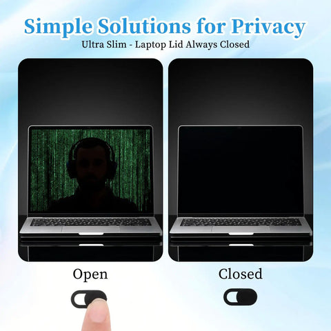 50 Pack Ultra Slim Webcam Covers Universal Laptop Phone Tablet Camera Slider Blocker shows open and closed positions for privacy.