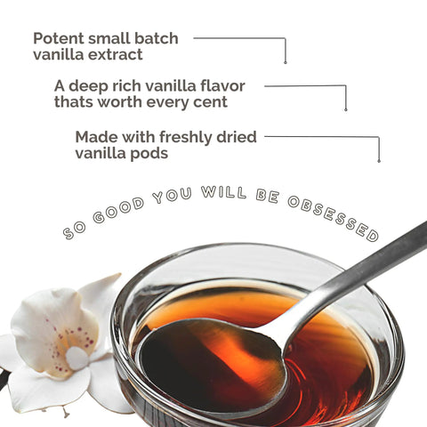 Bulk Vanilla Extract 128 Oz Gallon From Ugandan Vanilla Beans, rich creamy flavor in glass bowl with silver spoon and vanilla flower