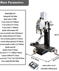 Shop Ready Mini Milling And Drilling Machine With R8 Spindle Taper And Wide Benchtop Table, 36.6in height, 1100W, precise parameters.