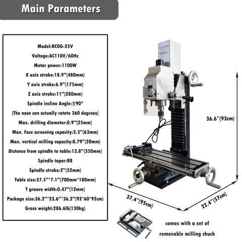 Shop Ready Mini Milling And Drilling Machine With R8 Spindle Taper And Wide Benchtop Table, 36.6in height, 1100W, precise parameters.