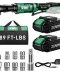 Electric Cordless Ratchet Wrench 3/8 Inch With Beast 89 Ft-Lbs Torque And 400 RPM, Variable Speed, Dual 2.0Ah Batteries, 7 Sockets, 3/8 To 1/4 Inch Adapter, 3 Inch Extension Bar, Fast Charger Kit shown with batteries and accessories