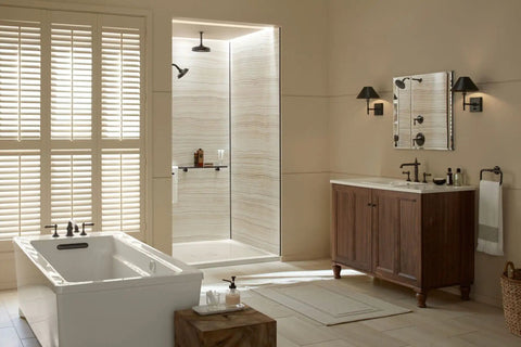 Bathroom with freestanding tub, vanity, and Bathroom Medicine Cabinet With Mirror, Double Beveled Doors, Recessed Wall Mount.