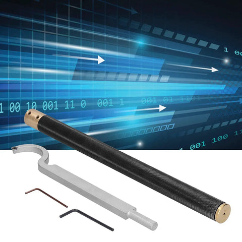 No Sweat Wood Lathe Hollowing Tool with Replaceable Tungsten Alloy Blade and Comfy Aluminum Handle on blue digital background.